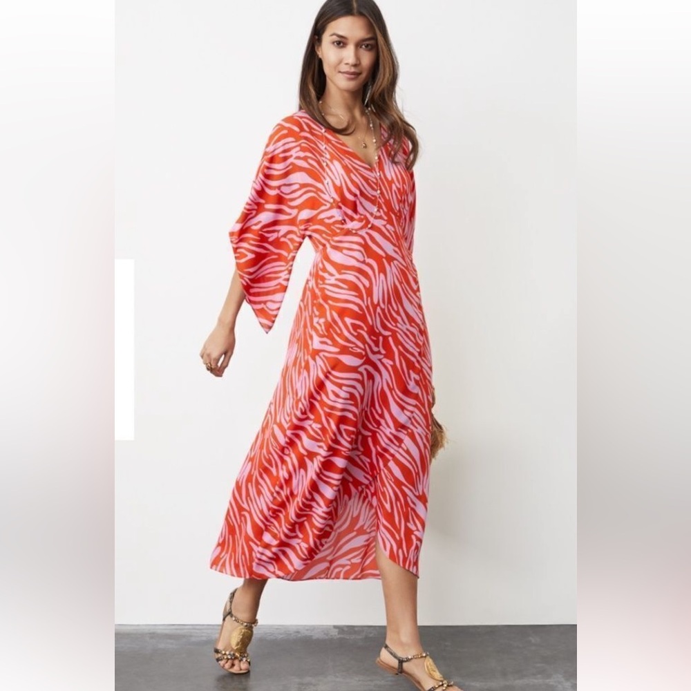 Cabi Saunter Dress Red & Lavender Maxi Empire Waist V-Neck Flutter Sleeve Sz S